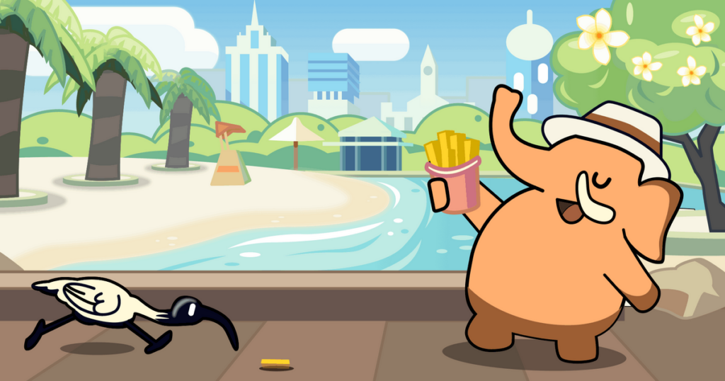 A cartoon of a mastodon in a summer hat at South Bank as an ibis swoops in to steal a chip.