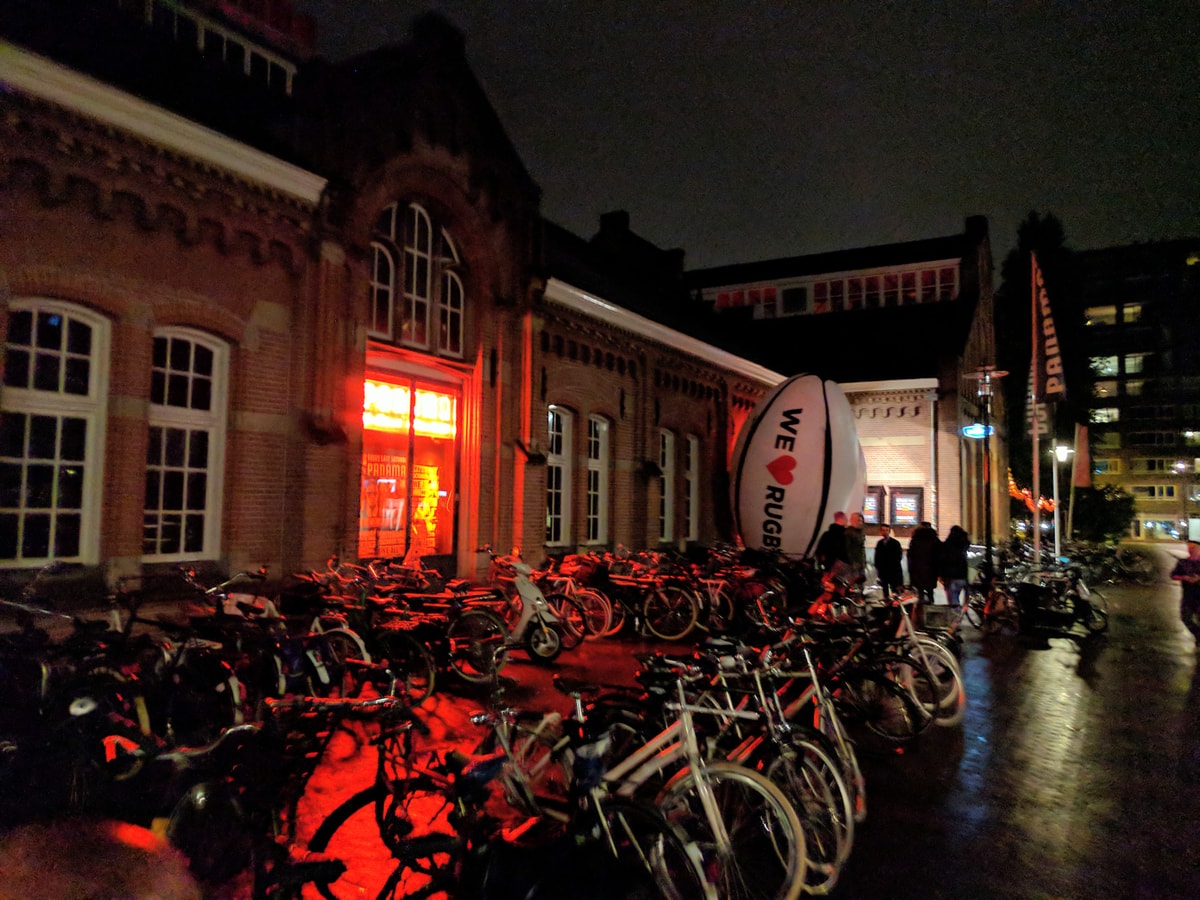 Club Panama Amsterdam, with a giant inflatable football out front that reads "We heart rugby"