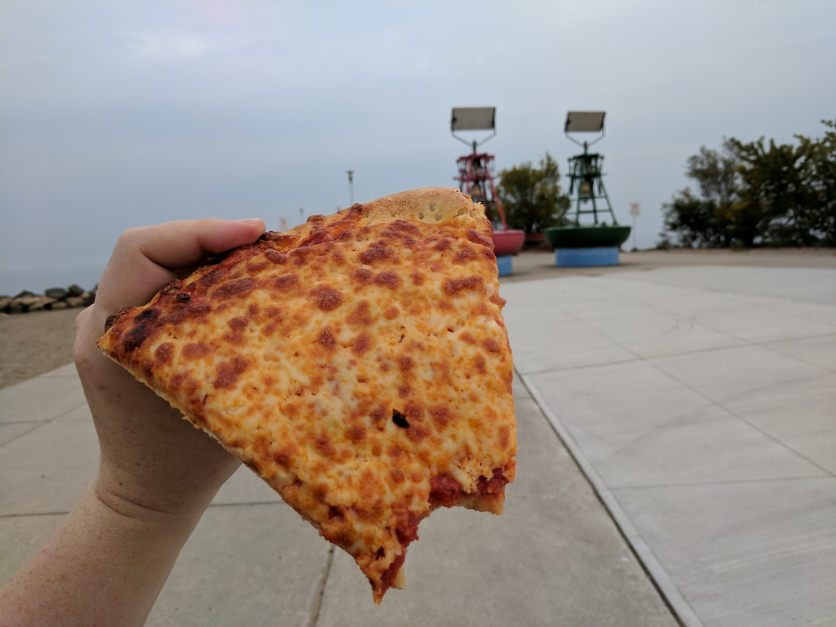 A flop of cheese pizza on a grey and miserable day.