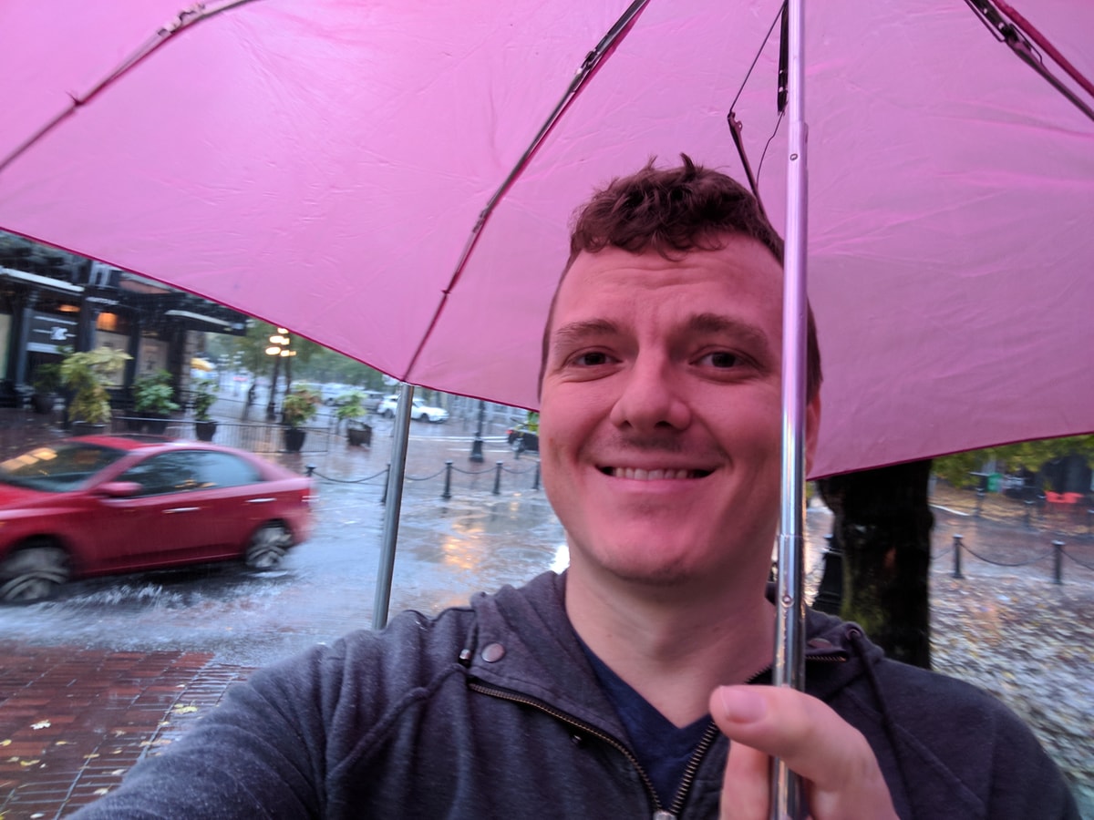 Me grimacing as a car speeds past through the puddle creating a medium sized splash.