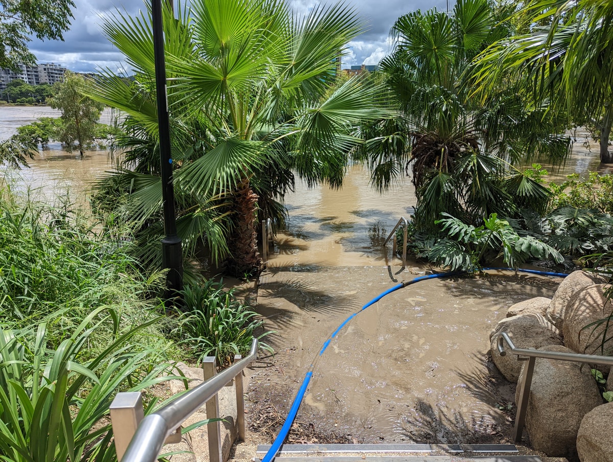 Looking down a staircase into water and slick brown mud. There's still trees submerged, poking out of the river