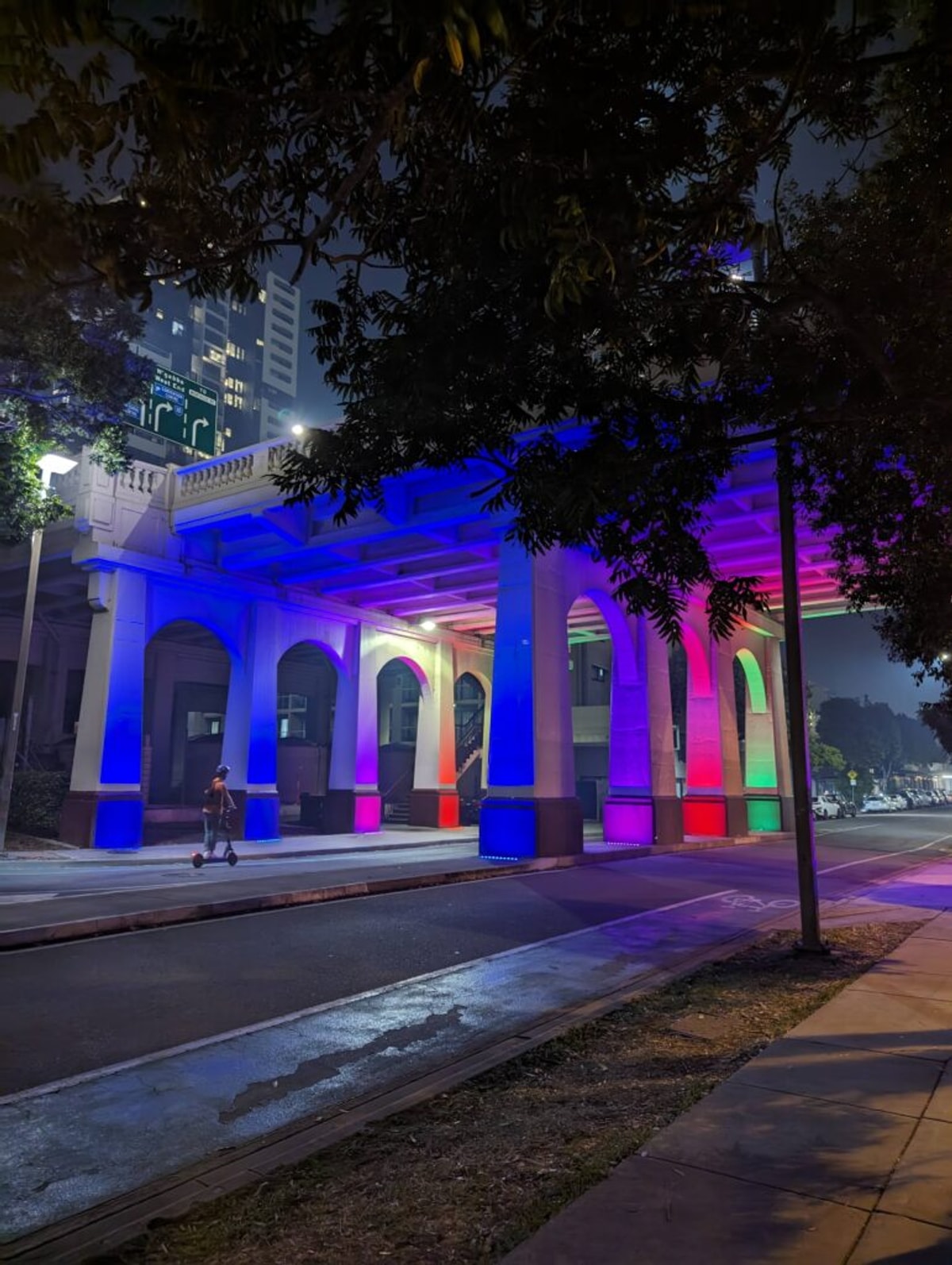 The William Jolly Bridge lit up in rainbow colours.