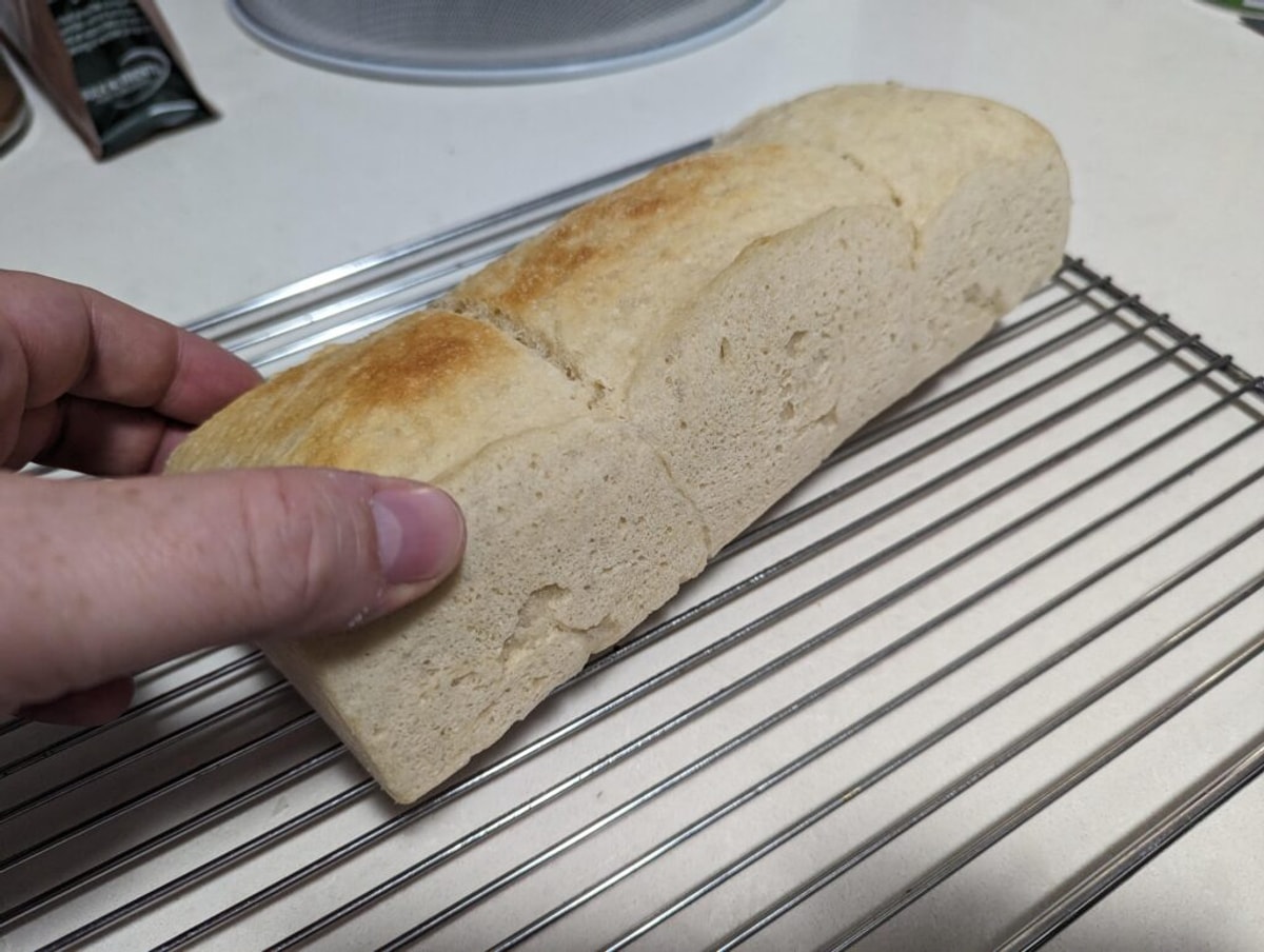 The bread is maybe 5cm high, if that. It looks dense, and unappealing. Looks a bit like it could knock you out.