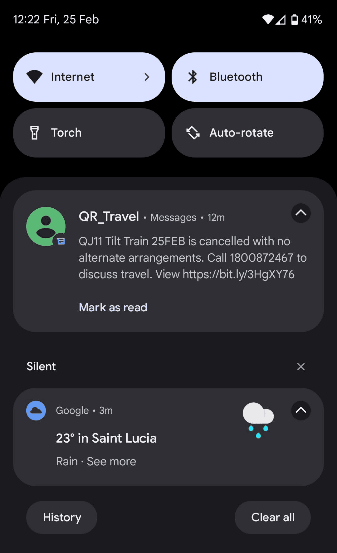 A screenshot of the message from QR travel: QJ11 Tilt Train 25 Feb is cancelled with no alternate arrangements. Another notification forecasts rain.