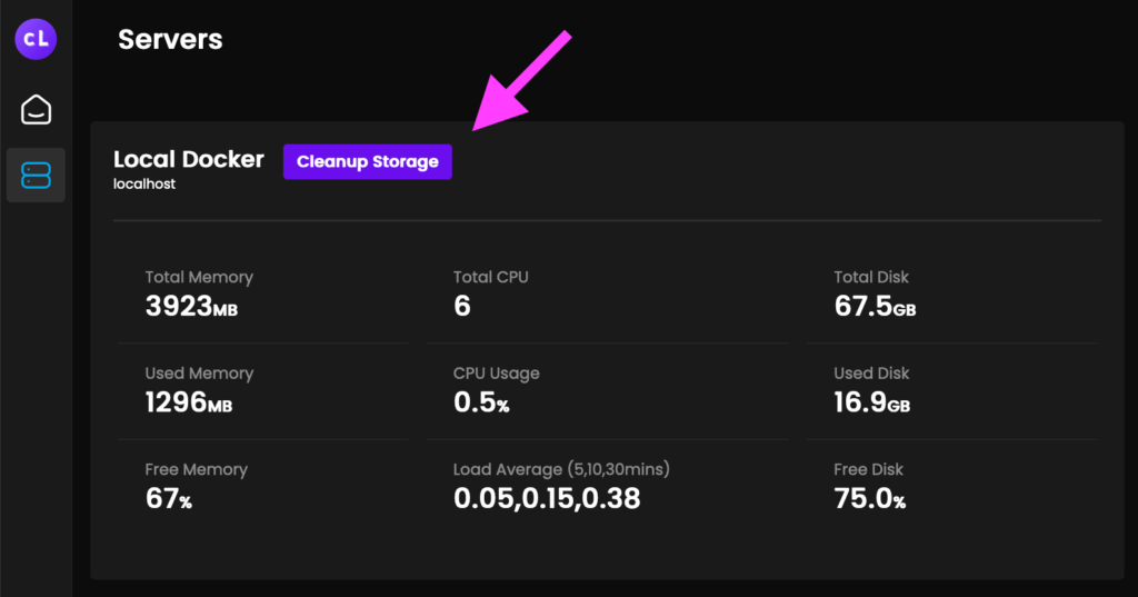 The coolify Servers panel, with an arrow pointing to the Cleanup Storage button.