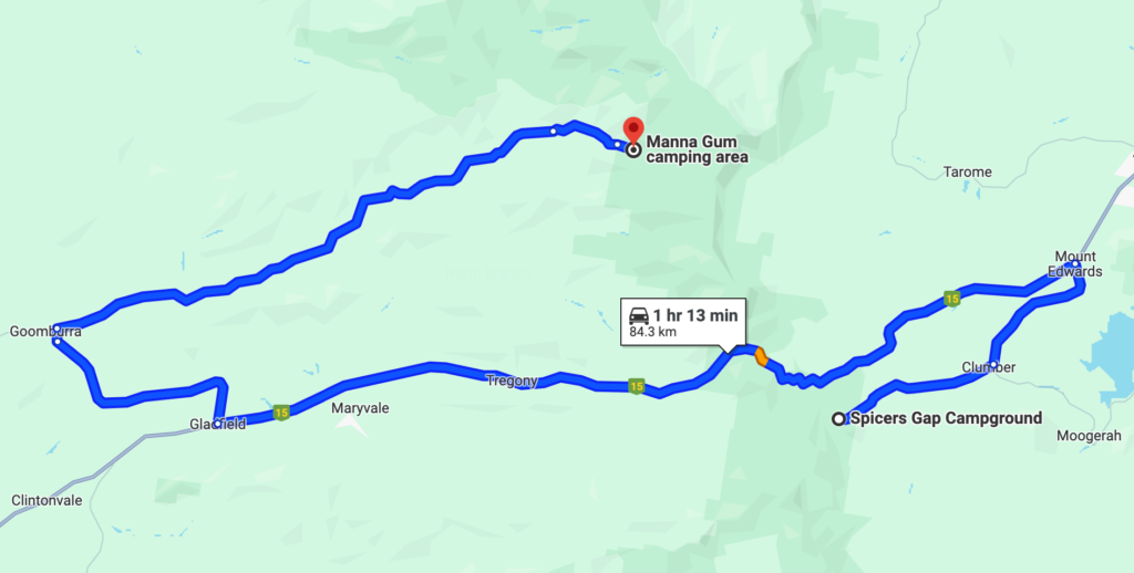Manna Gum and Spicers Gap campgrounds are pretty close together, but 85 km by road