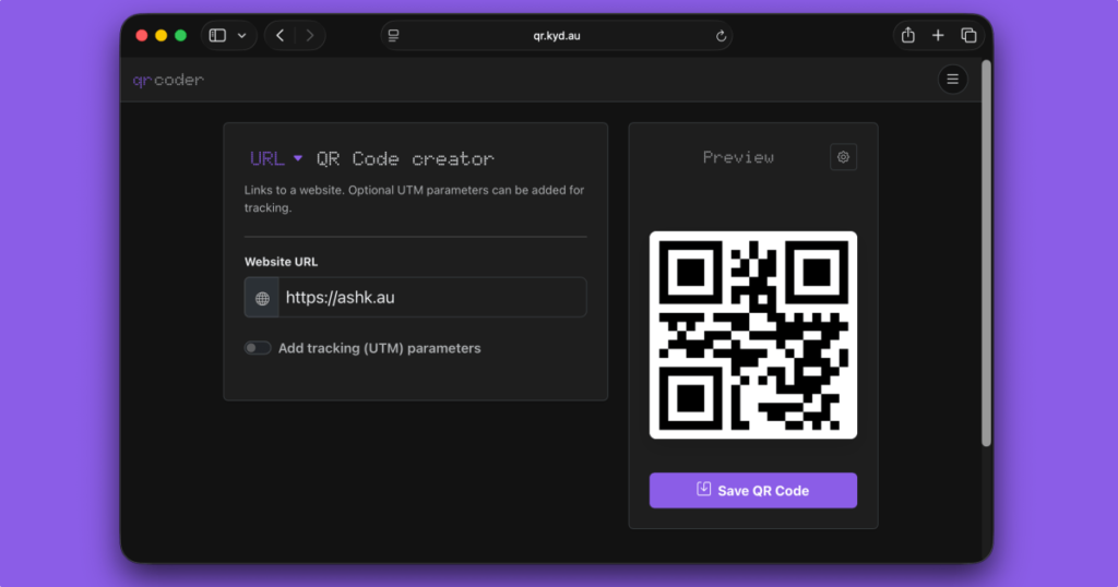 A Safari window showing the app against a purple background.