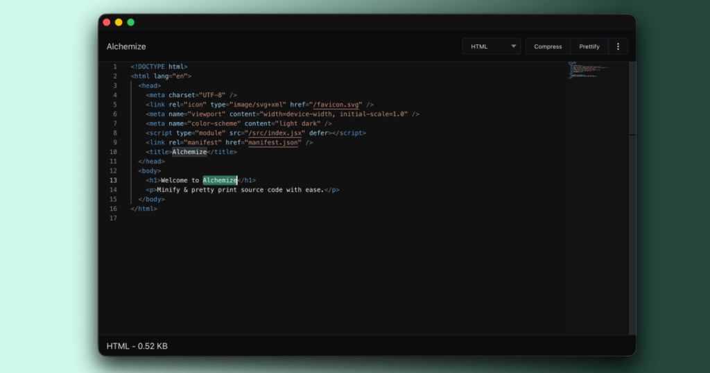 The application has a minimal interface and shows some HTML code with buttons to minify & pretty-print
