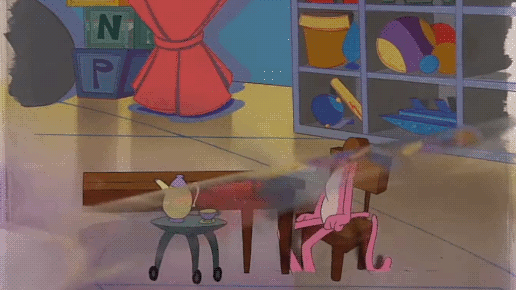 A pink panther cel animation, showing the panther being lifted off the background.