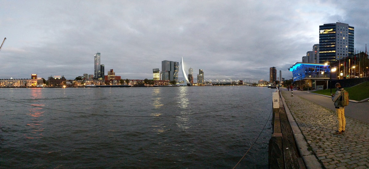 Panoramic view over Nieuwe Maas,  Erasmusbrug in the distance.