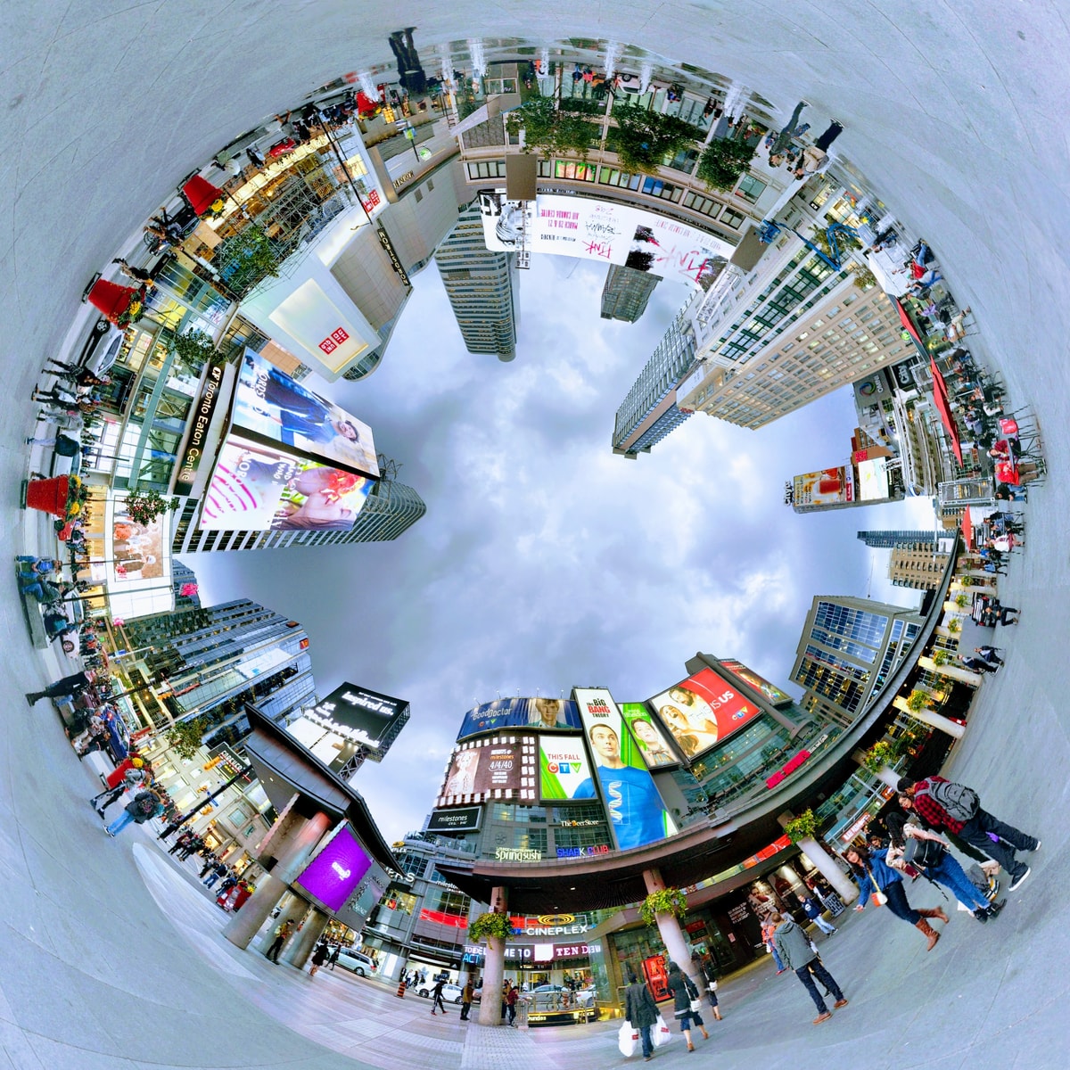 A tiny planet view of Toronto's Yonge-Dundas Square